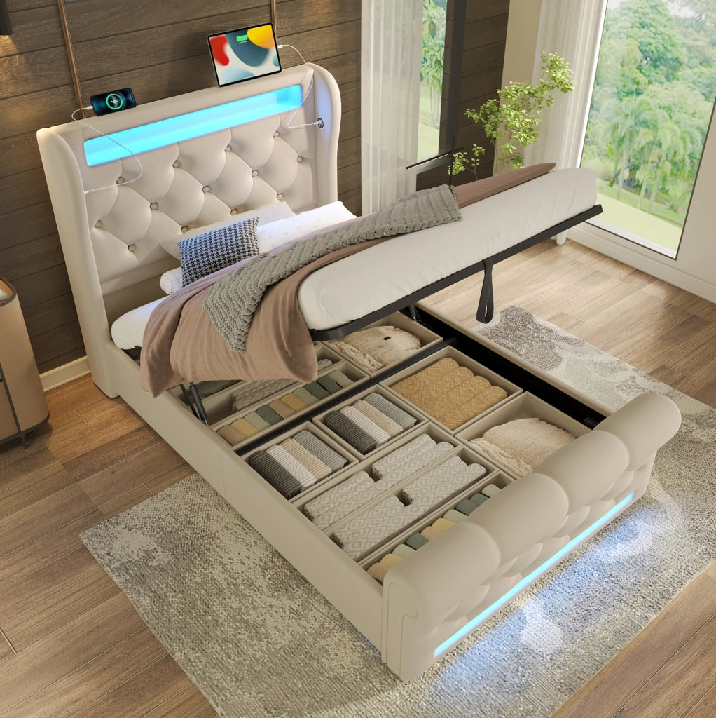 Letto imbottito con contenitore 90x200 cm in velluto beige; LED integrato e prese USB Type-C
