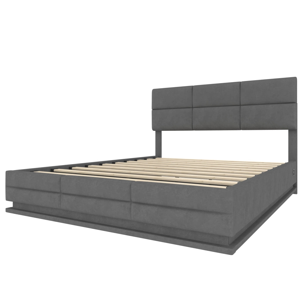 Letto 180x200 cm con contenitore; LED e USB in velluto grigio scuro