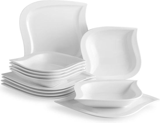 Servizio da Tavola Completo - 6 Persone - Piatto da Porselein - 12 Porzioni - Set da Tavola Completo 6 Persone - Set da Tavola Completo 12 Porzioni - Bianco