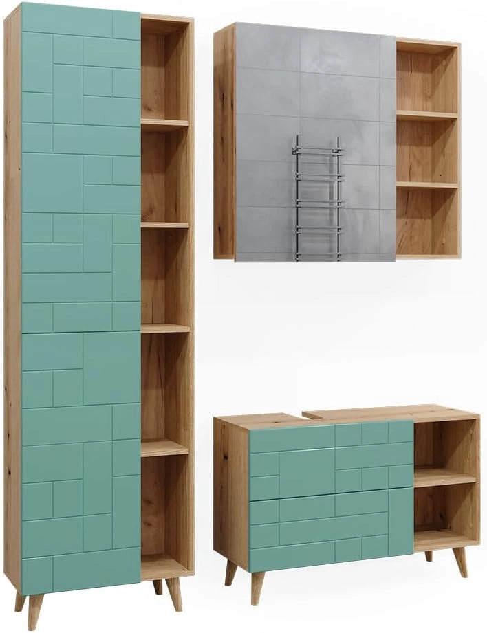 Set di mobili da bagno Rudi, Verde menta, 90 cm, composto da specchio da bagno e mobile sottolavabo