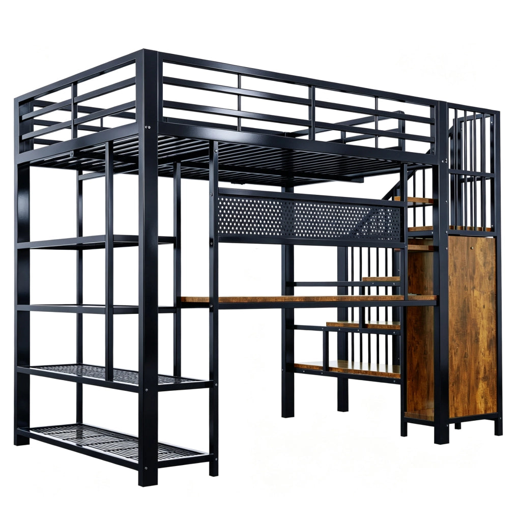 Letto a soppalco 140×200 cm con scala contenitore; scrivania; LED; prese e ripiani; senza materasso; nero