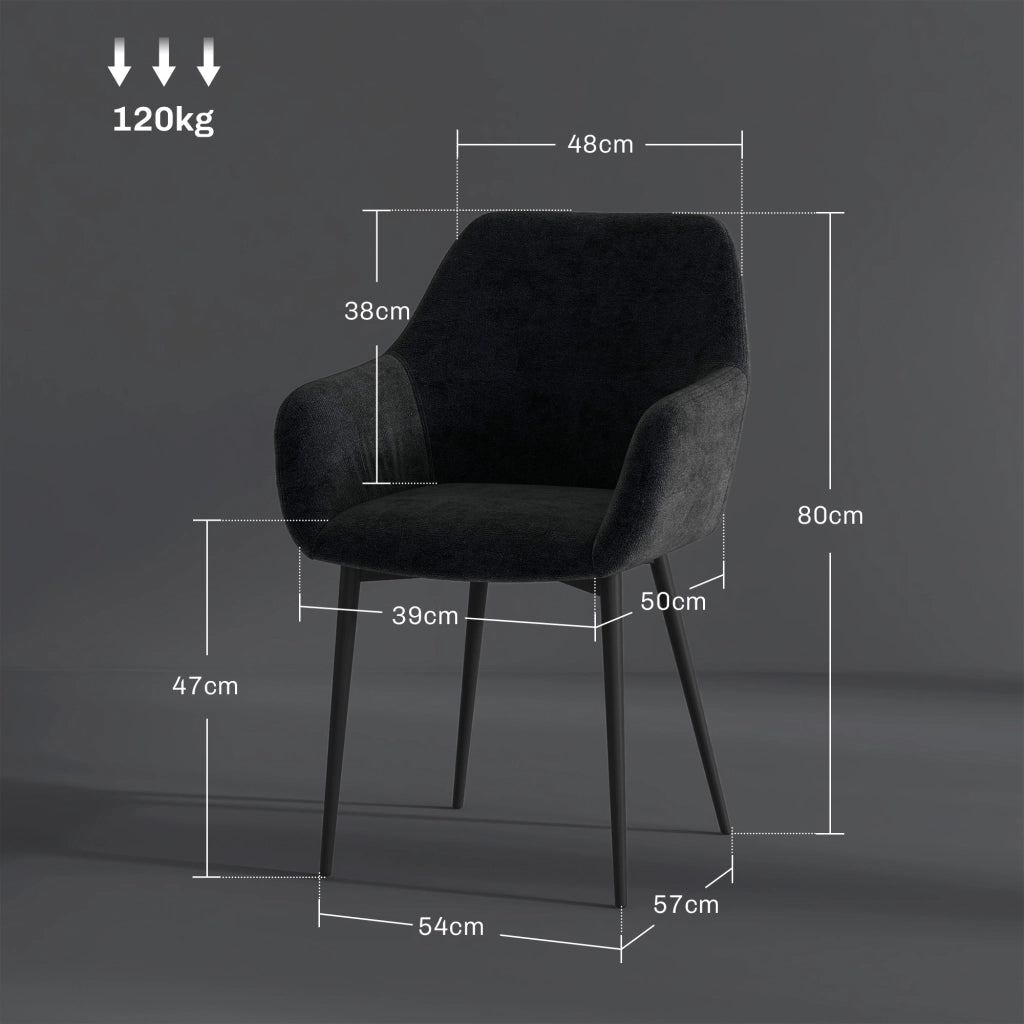 Set 2 Sedie da Pranzo Moderne con Braccioli ¨C Zephmum ¨C Imbottite in Tessuto Nero, Struttura in Metallo, 54x57x80cm