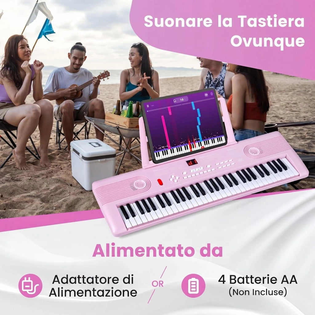 Pianoforte Digitale a 61 Tasti, Pianoforte Elettronica con Supporto, Microfono, Pianoforte Portatile con Adesivi per Tasti e Borsa da Trasporto, per Bambini e Adulti (Rosa)
