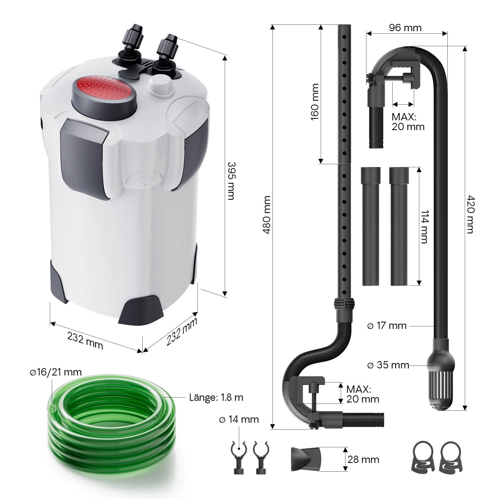 HW-302 Filtro esterno per acquari con pompa 1.000 l/h, filtro a 3 stadi con mezzi e spugne filtranti inclusi
