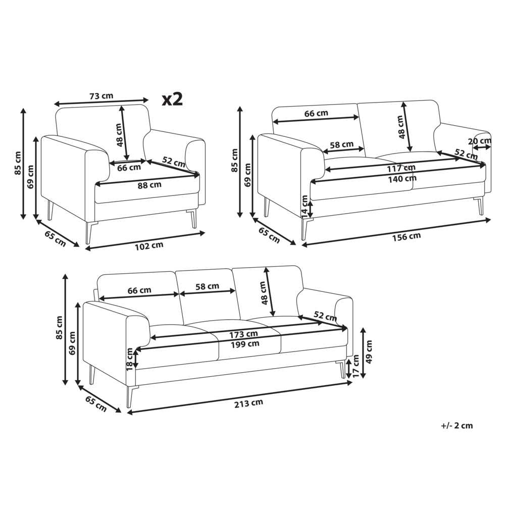 Set soggiorno minimalista in tessuto in stile moderno di metà secolo, 2 posti, 3 posti, 2 poltrone, gambe in metallo, braccioli lineari beige chiaro