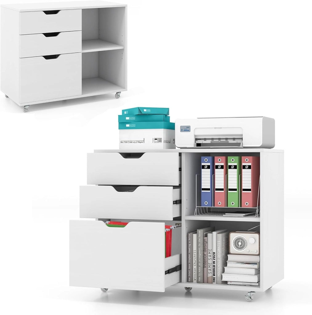 Cassettiera Ufficio con 5 Ruote Universali, Cassettiera Scrivania con 2 Scomparti, 3 Cassetti per File Lettera, A4, Legale, Schedario Portadocumenti con Ripiano Regolabile (Bianco)