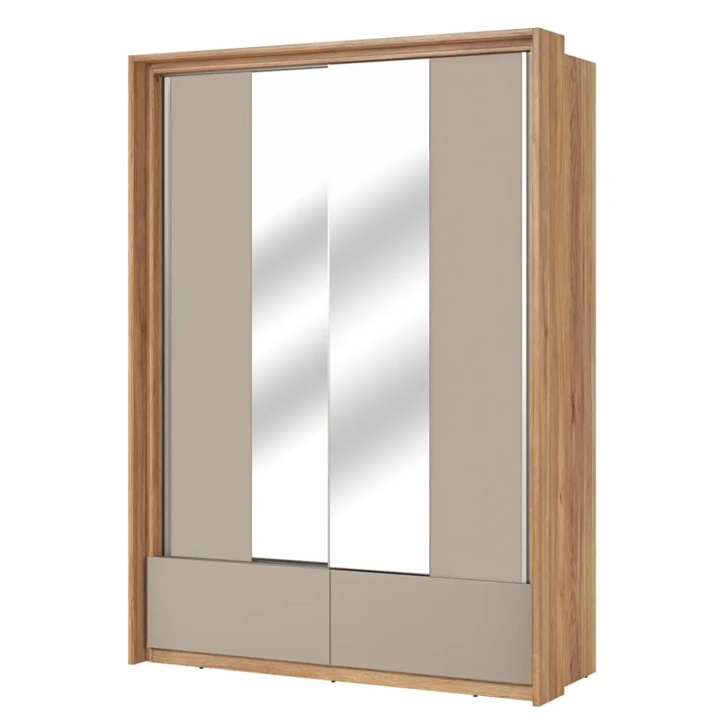 Armadio con 2 porte con specchi, 2 cassetti, appendiabiti e 5 ripiani color rovere e beige – Collezione VOX