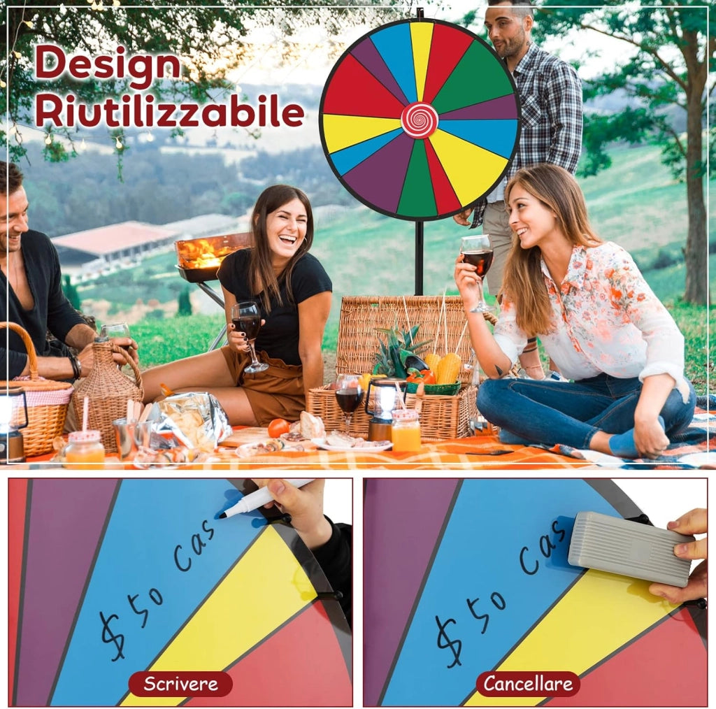 30'' Ruota della Fortuna Girevole, Altezza Regolabile, con Supporto Pennarello Cancellabile a Secco e Gomma, Gioco Ruota Personalizzabile per Fiera Carnevale Feste