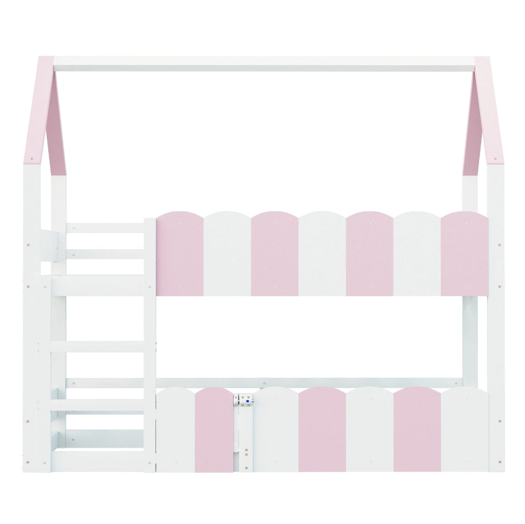 Letto a castello per bambini 90x200 cm a casetta con protezioni; rosa e bianco