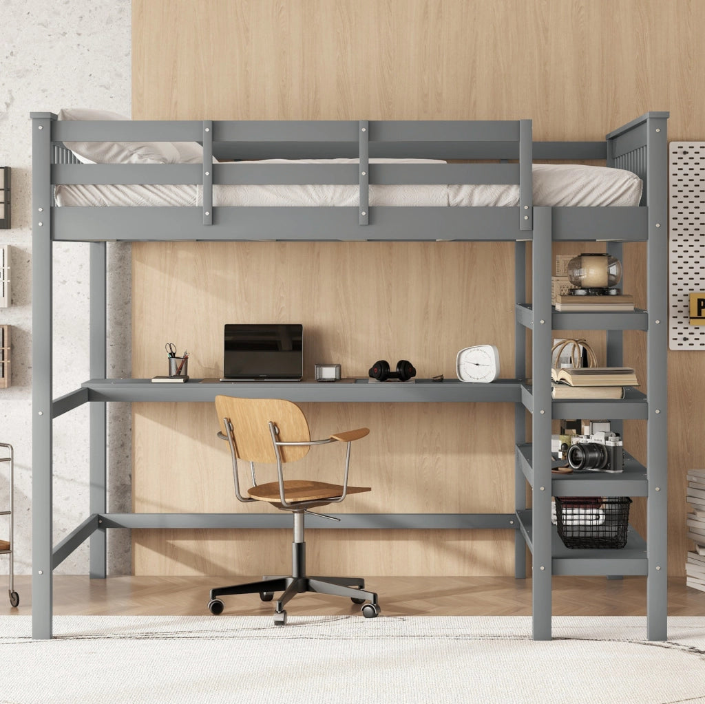 Letto a soppalco 140x200 cm con scrivania e vani portaoggetti in pino e MDF grigio