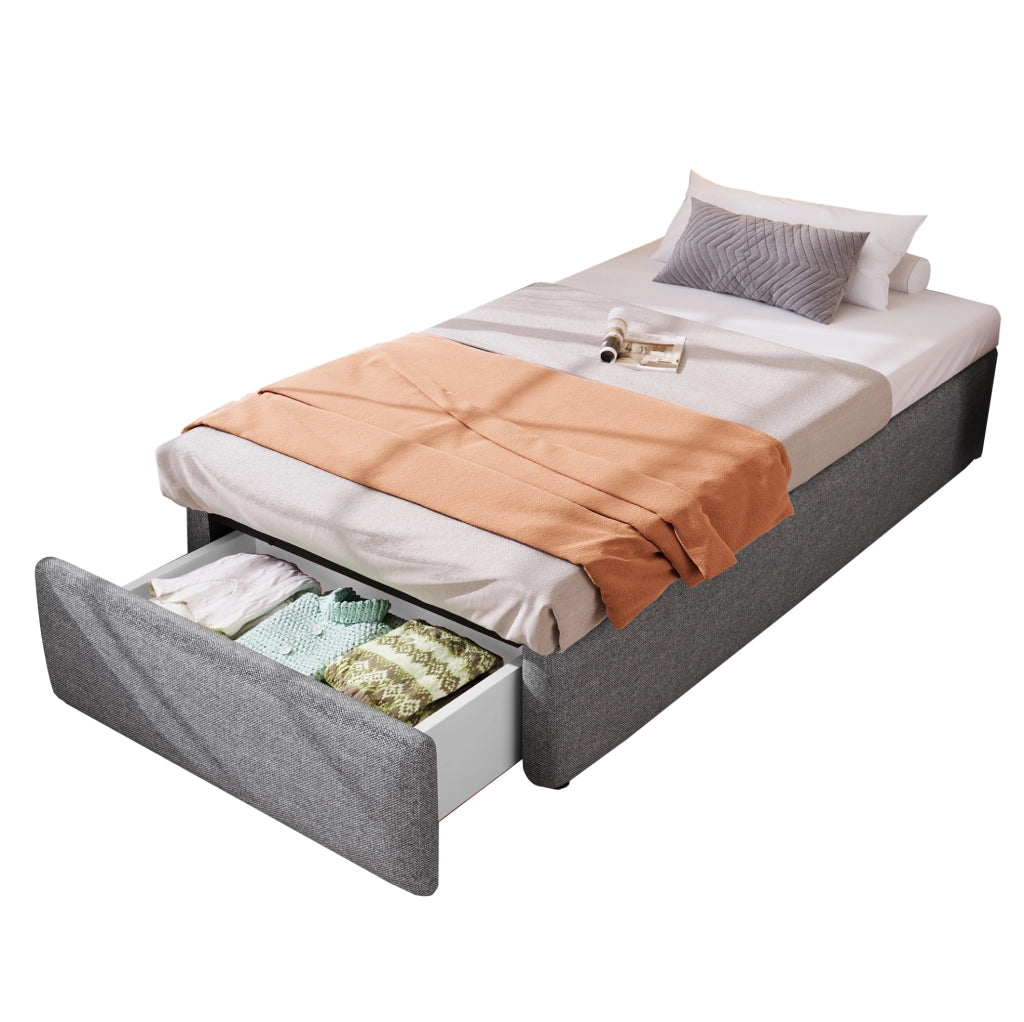 Letto imbottito 203x92x31 cm con contenitore idraulico e cassetto; rivestimento in cotone e lino grigio
