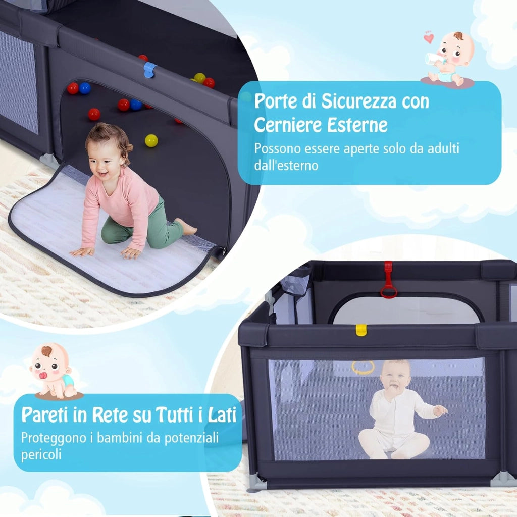 Box Neonati 210 x 150 cm, Recinto Bambini Pieghevole con Canestro da Basket e 2 Porte da Calcio, Parco Giochi con 50 Palline, 4 Anelli e Borsa Trasporto, per Bambini 0-3 Anni (Grigio Scuro)