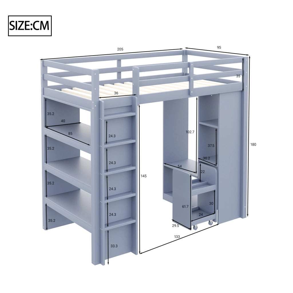 Letto a soppalco singolo 90×200 cm con ripiani; appendiabiti e carrello estraibile; senza materasso; legno; grigio