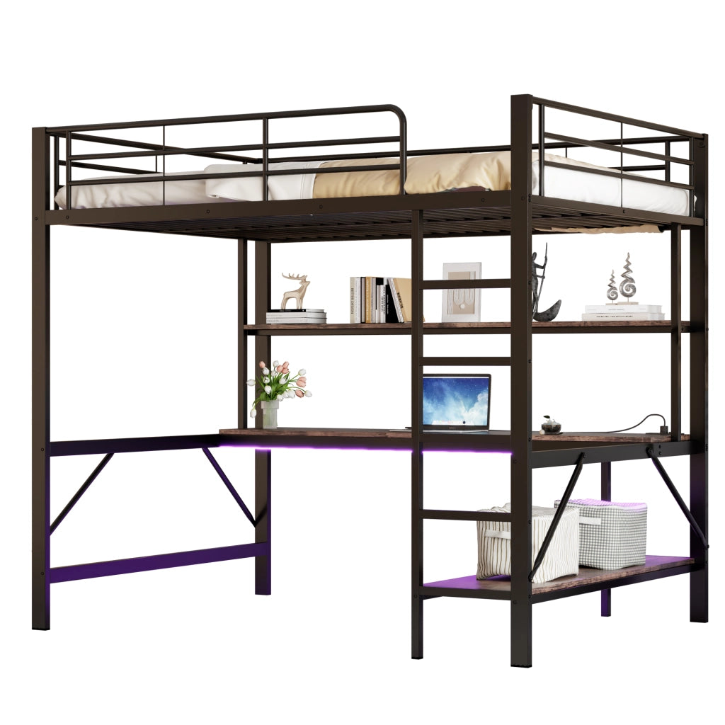 Letto a soppalco multifunzione; 140x200cm; presa USB; mensole da scrivania LED; nero