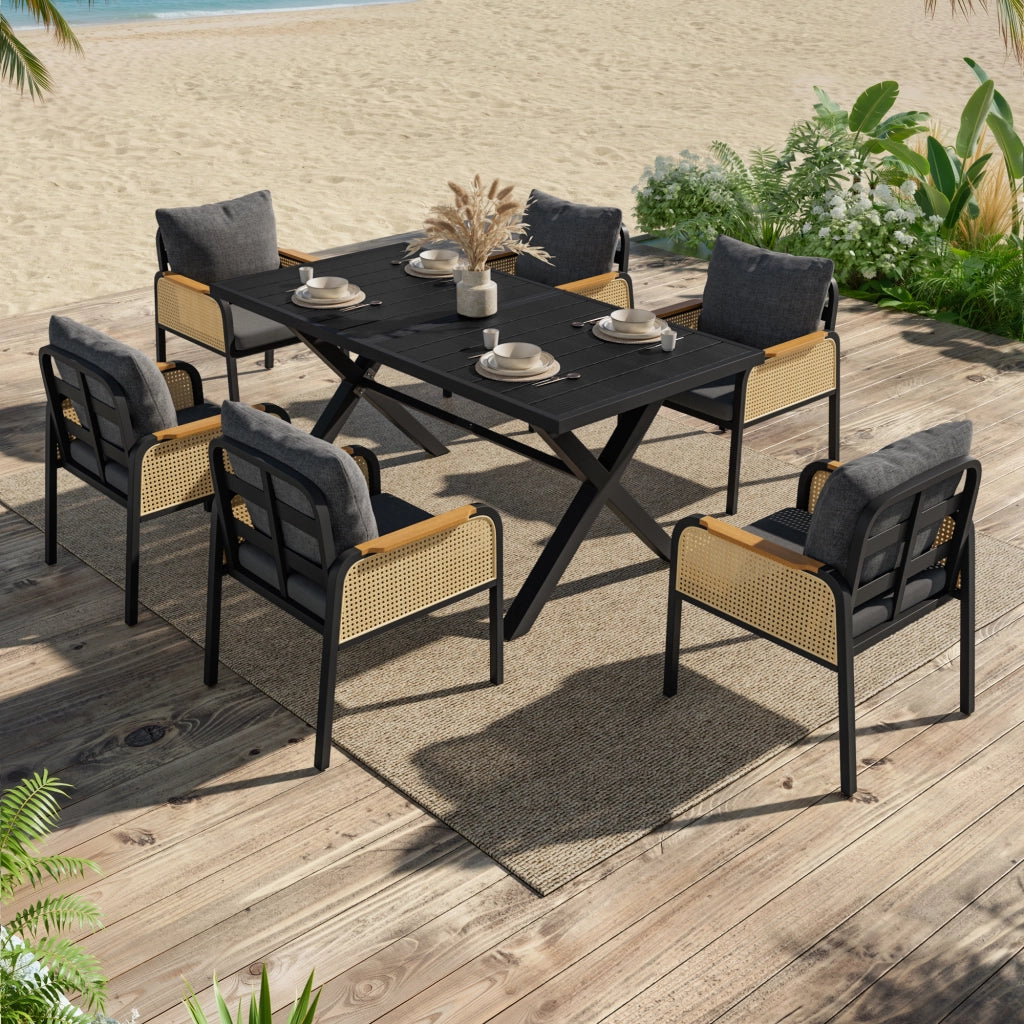 Set da pranzo da esterno con tavolo e 6 sedie in ferro, rattan PE e cuscini