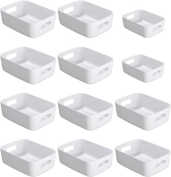 Opbergmandi 12 pezzi di contenitori di plastica a maniglione multifunzionali per cucina, ufficio, armadio e bagno - bianchi