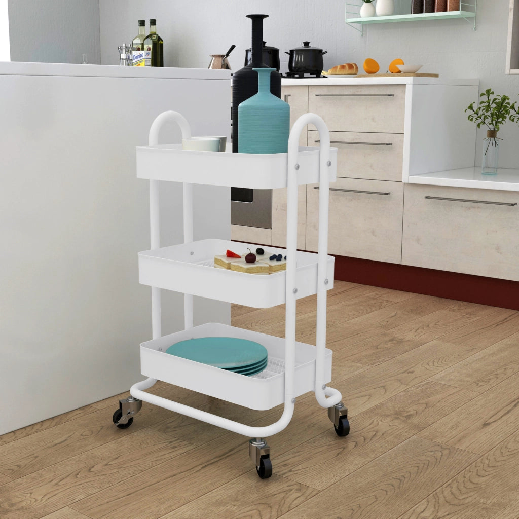 Carrello da Cucina 'Pyhäntä' in Acciaio con 3 Contenitori - Bianco opaco [en.casa]