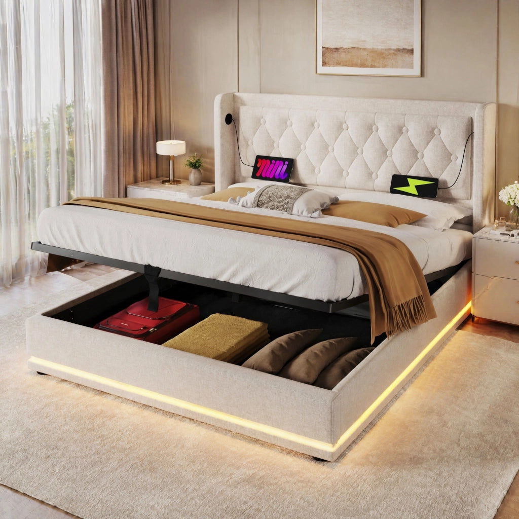 Letto matrimoniale imbottito 140x200 con contenitore, LED e porte USB/Type-C