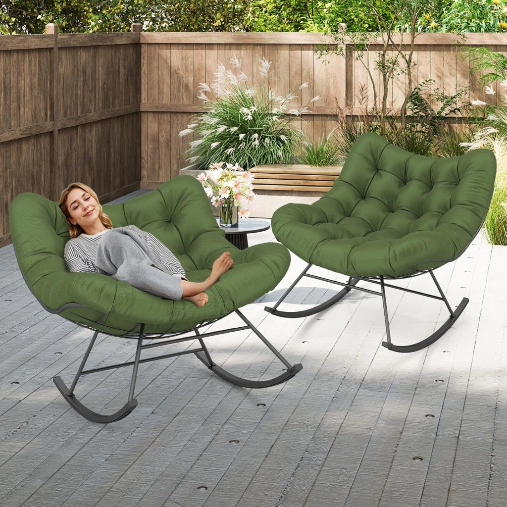 Sedia a Dondolo, Poltrona Relax Ergonomica, Poltrona Sovradimensionato con Cuscino Imbottito, con Struttura Metallica, per Soggiorno Portico Giardino, Portata 205 kg (Verde)