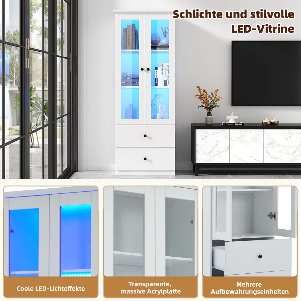 Vetrina con LED, 2 cassetti e ripiani regolabili, con ante a battente, per soggiorno, bianco, 165 × 60 × 35,5 cm
