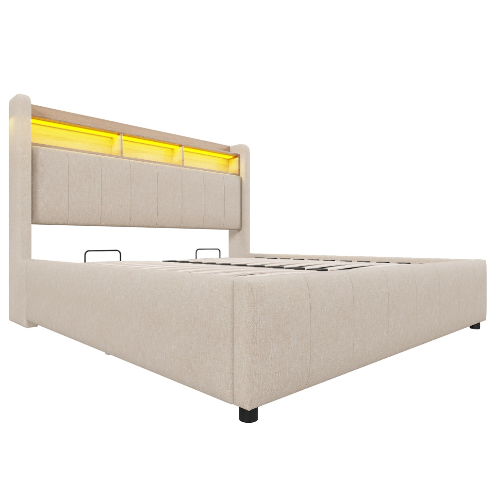 Letto imbottito ULEVR 140x200 cm con contenitore idraulico, LED, USB e Type-C, testiera con ripiani, beige
