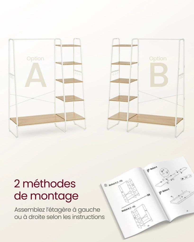 Appendiabiti da terra 45 x 120 x 160 cm scarpiera ingresso/guardaroba con 5 ripiani portaoggetti e 6 ganci per camera da letto soggiorno corridoio stile industriale bianco 12_0007094