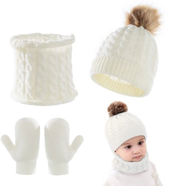Set di Berretti per Bambini - Capelli, Sciarpa e Guanti - Caldo, Elastico - Disegno con Pompon - Per Bambini 0-3 Anni - Set Invernale
