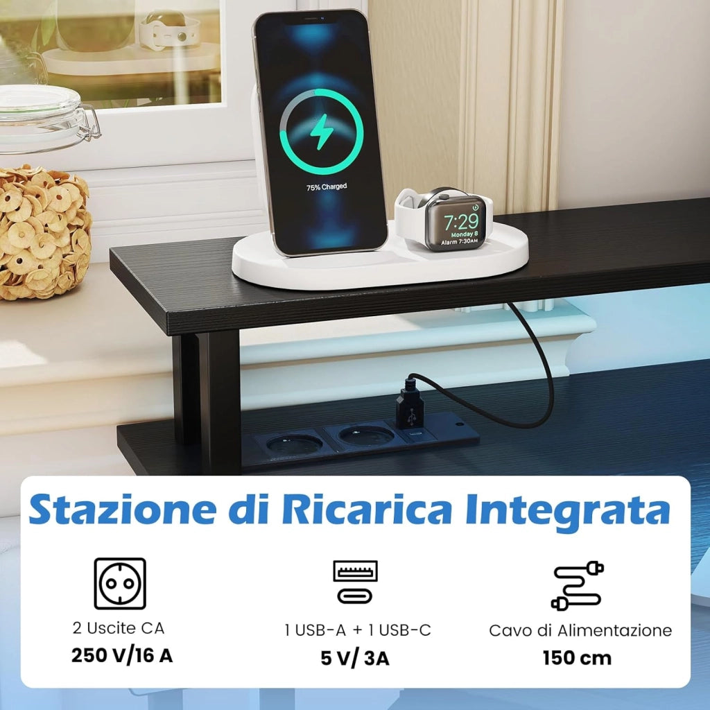 Scrivania per Computer, Scrivania Gaming Triangolare con Stazione di Ricarica, LED, Vassoio per Tastiera e Supporto per Monitor, 80 x 80 x 88 cm, Desk Salvaspazio con Ganci e Scaffale (Nero)