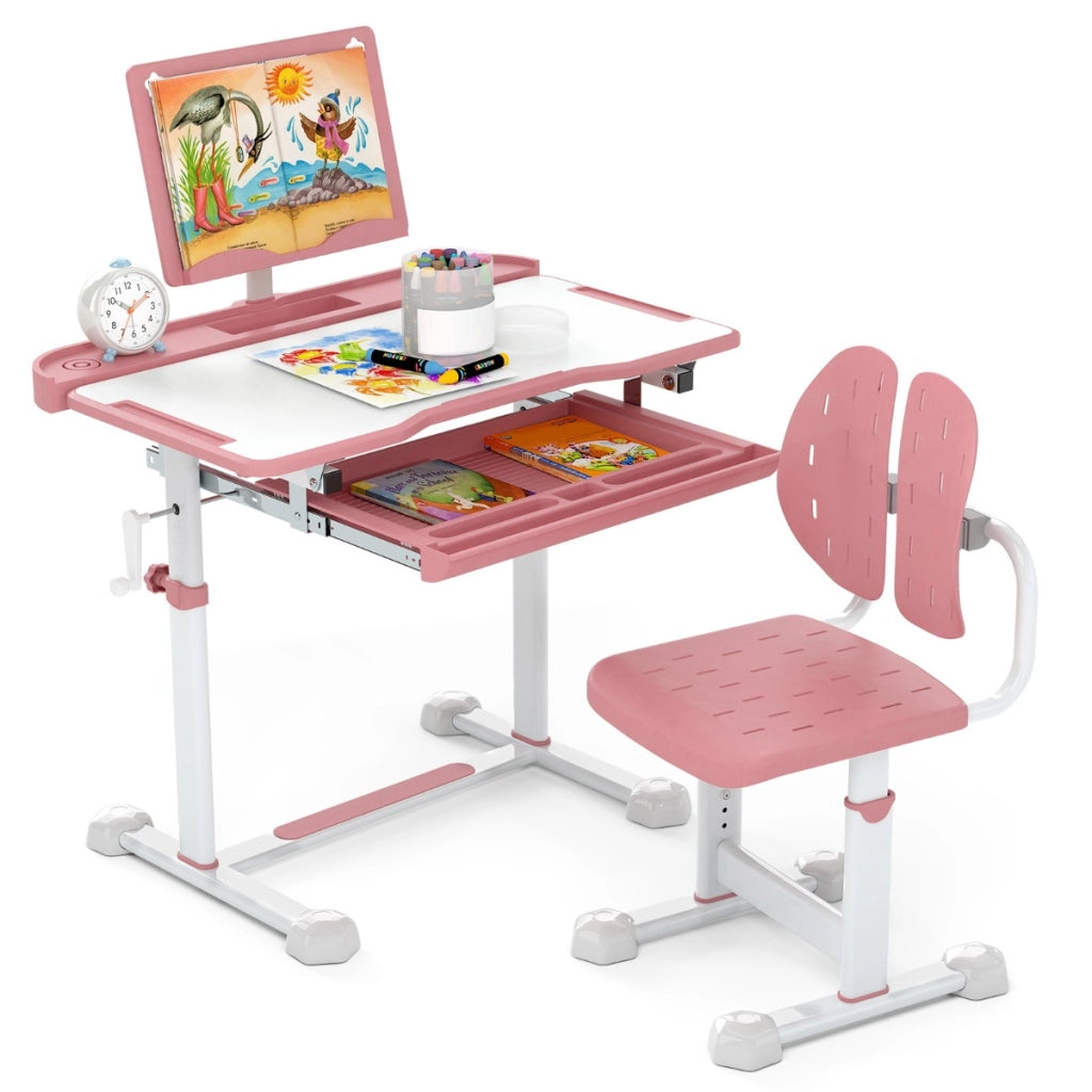 Scrivania per bambini con piano inclinabile sedia ergonomica, Set di scrivania e sedia regolabile in altezza Rosa