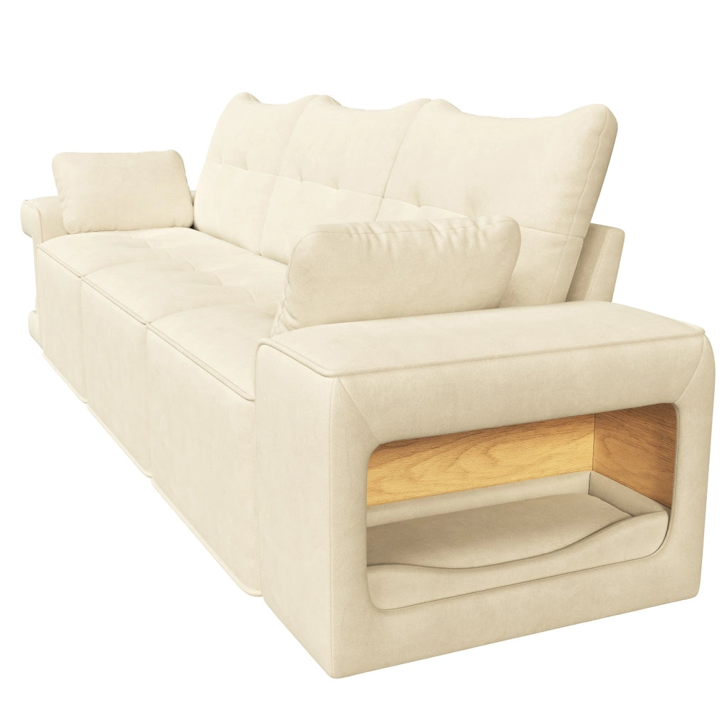 Divano modulare a 3 posti in velluto beige con contenitore; 229;5 cm; con 2 cuscini
