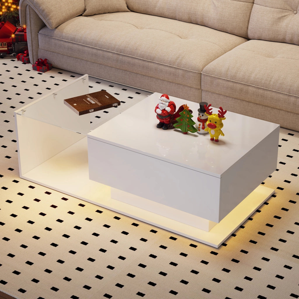 Tavolino da caffè bianco lucido con vetro; cassetto e LED Bluetooth 100x50x32 cm