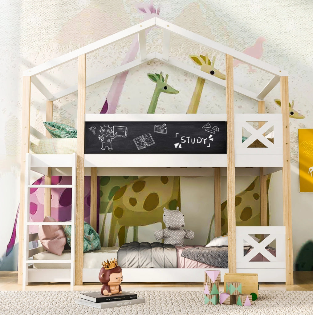 Letto a soppalco 90x200 cm con scala e tavola in legno bianco