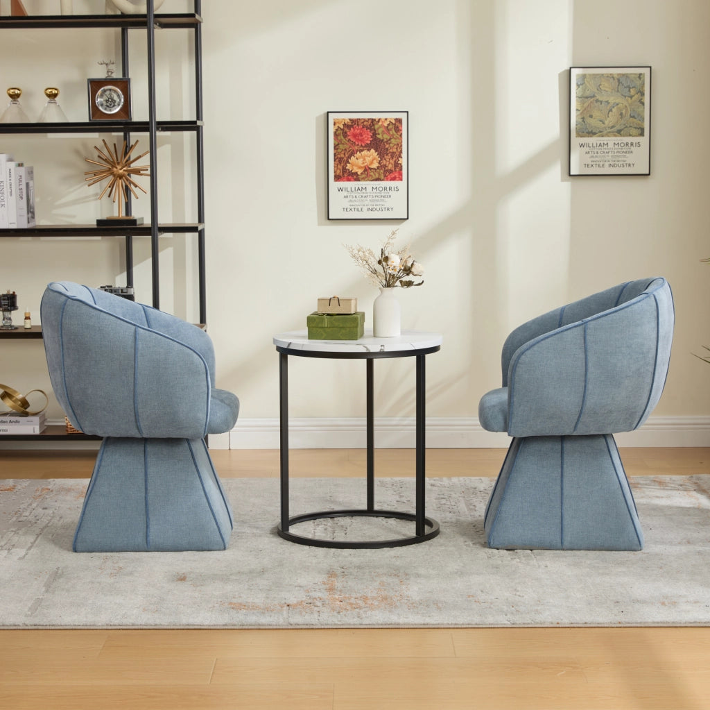 Poltrona girevole 360° in ciniglia blu con schienale alto e braccioli