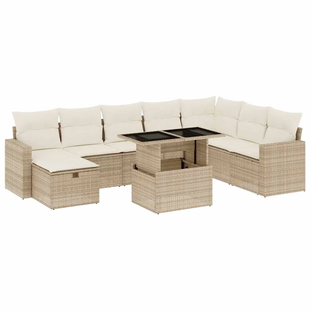 Set Divano da Giardino 9 pz con Cuscini Beige in Polyrattan