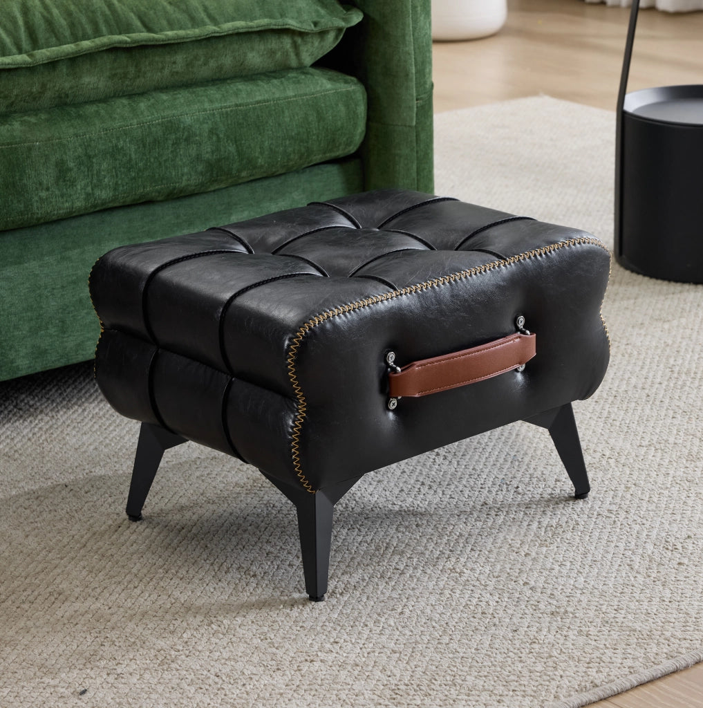 Pouf poggiapiedi portatile in PU nero con maniglia marrone e gambe in acciaio