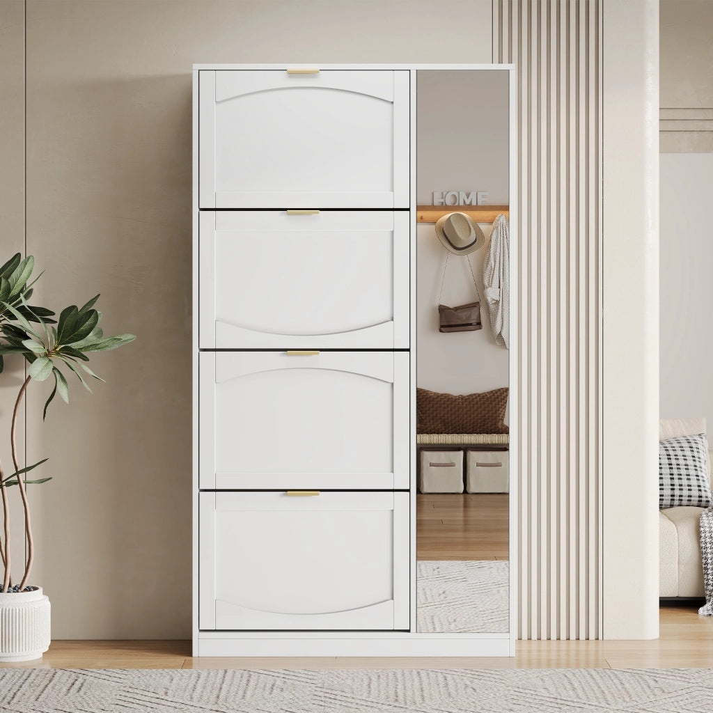 Mobile portascarpe con specchio, 4 vani contenitore estraibili, ripiani regolabili, bianco, 80x24x147 cm