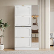 Mobile portascarpe con specchio, 4 vani contenitore estraibili, ripiani regolabili, bianco, 80x24x147 cm