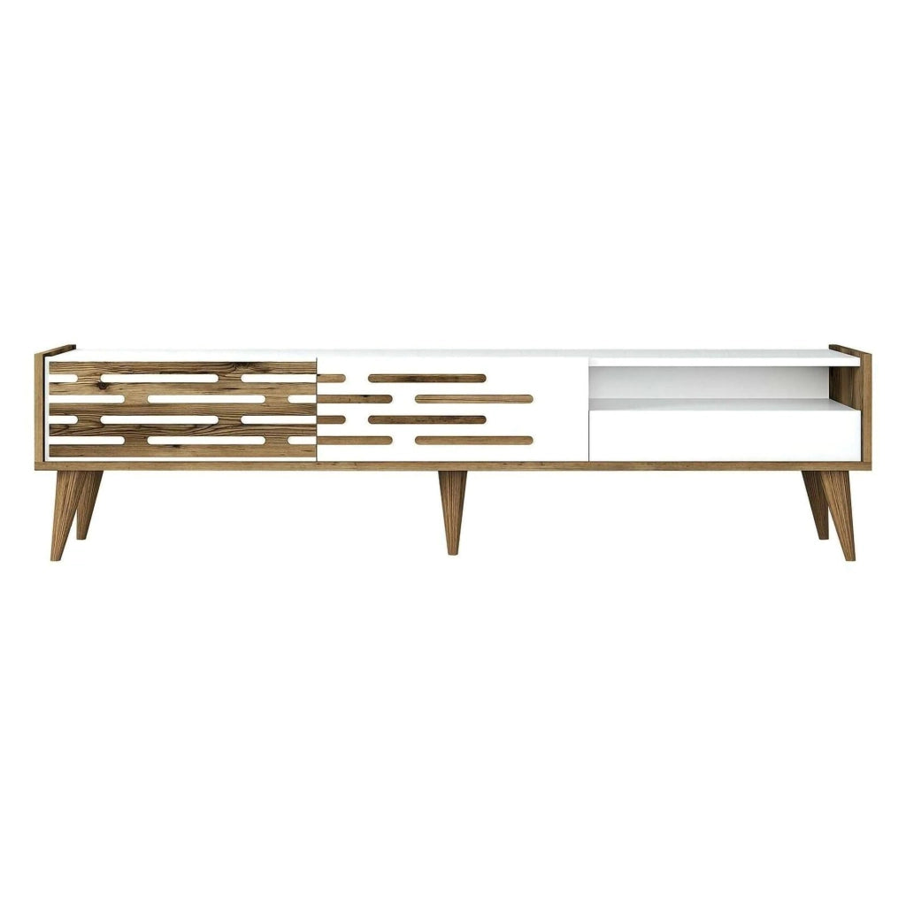 Mobile porta TV Upana, Credenza da soggiorno, Armadio basso per TV, Base parete attrezzata, 180x45h35 cm, Bianco e Noce
