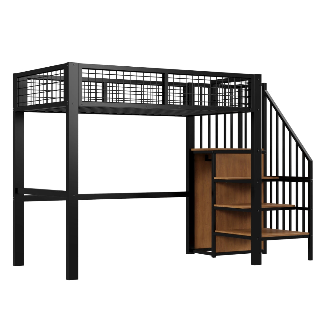 Letto a castello nero in metallo con scala e armadio 90x200 cm