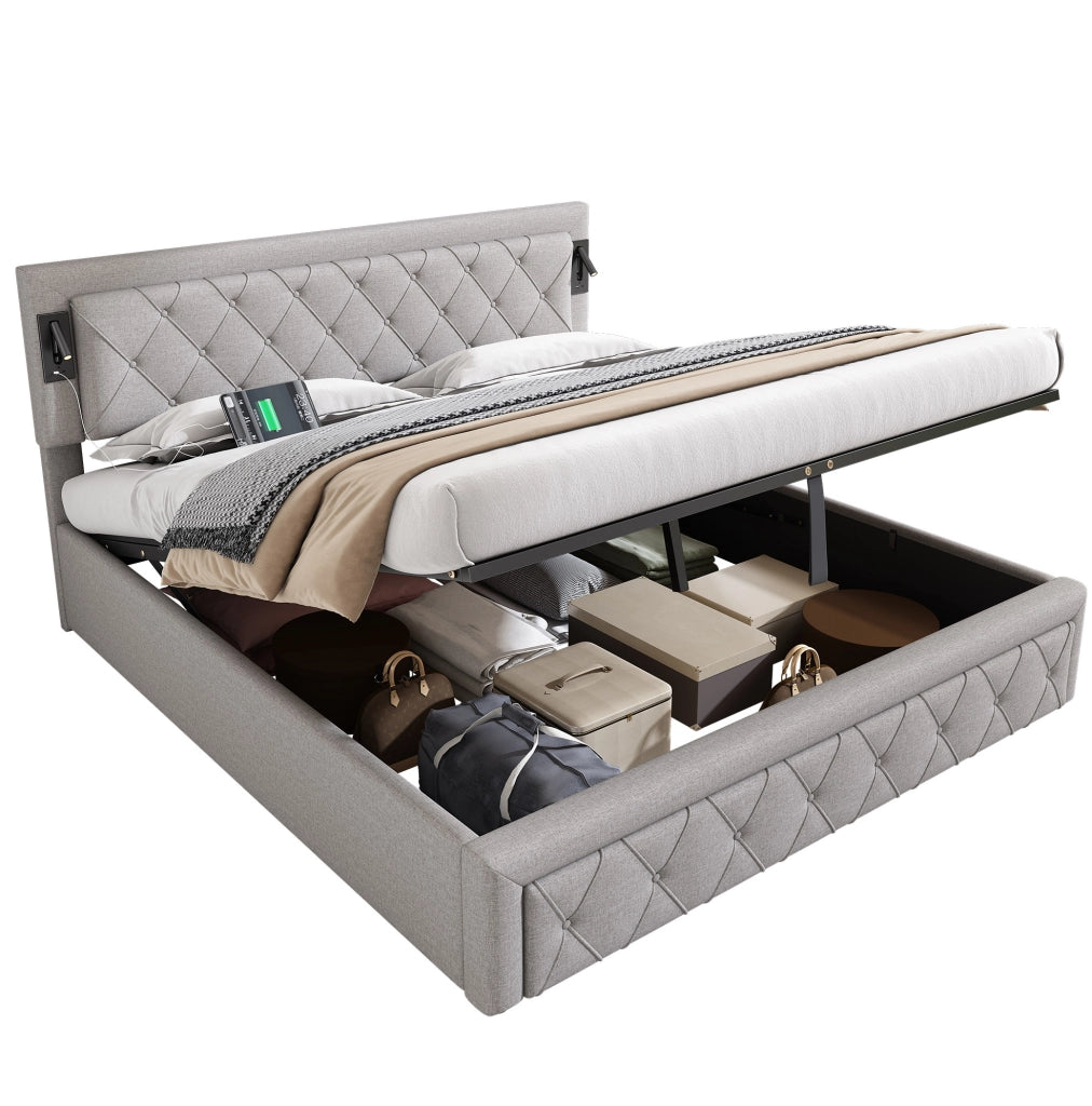 Letto matrimoniale imbottito con contenitore, LED e USB, struttura con rete in legno