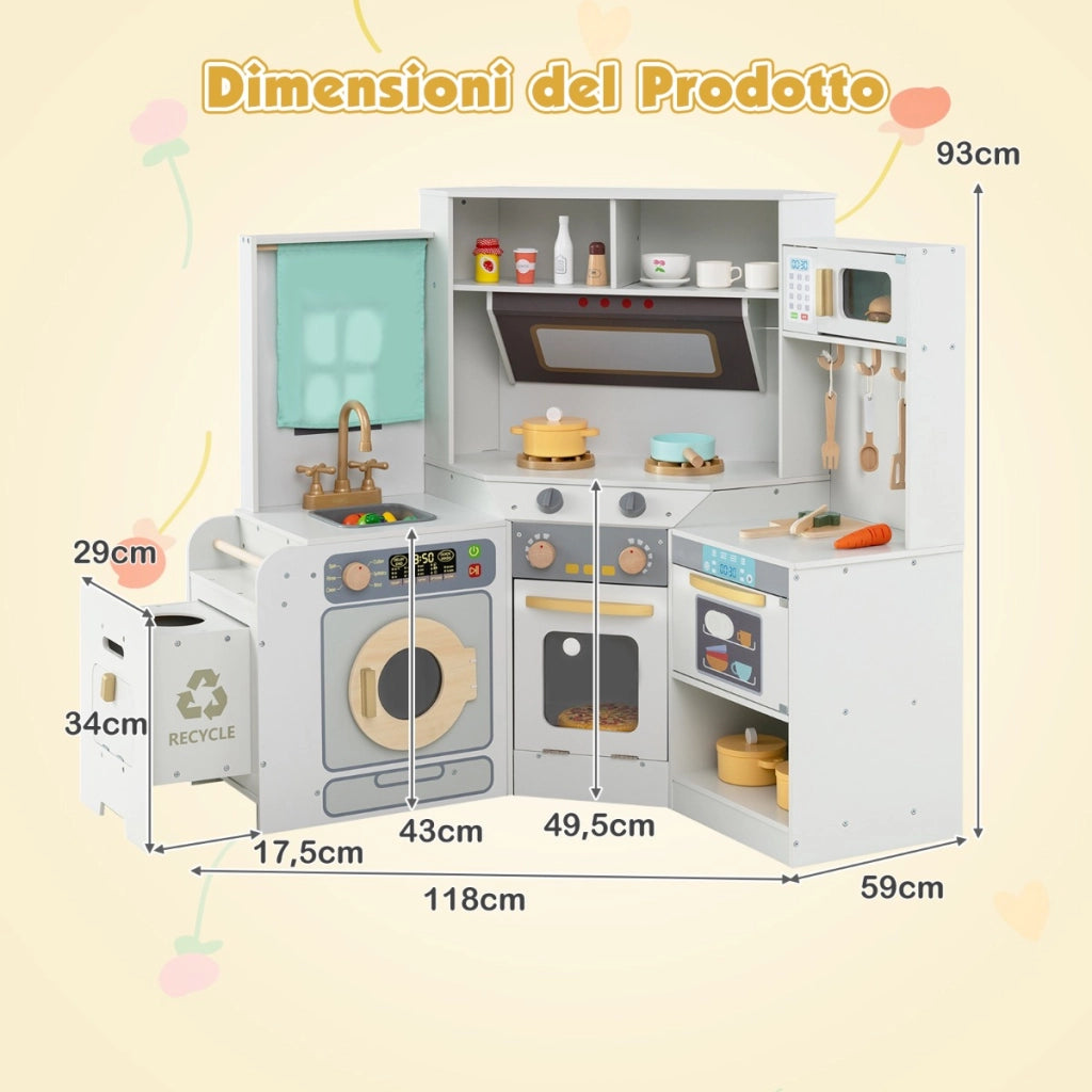 Cucina ad angolo con luci e suoni set di gioco in legno pattumiera estraibile, Cucina angolo lavatrice e accessori ricchi Grigio-Cucine giocattoli