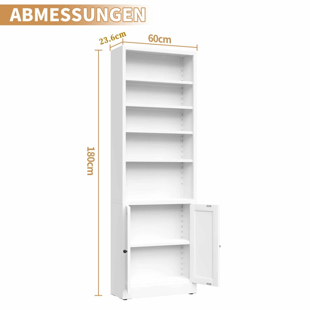 Libreria in metallo bianca con 5 ripiani regolabili e anta, design industriale, H 180 cm