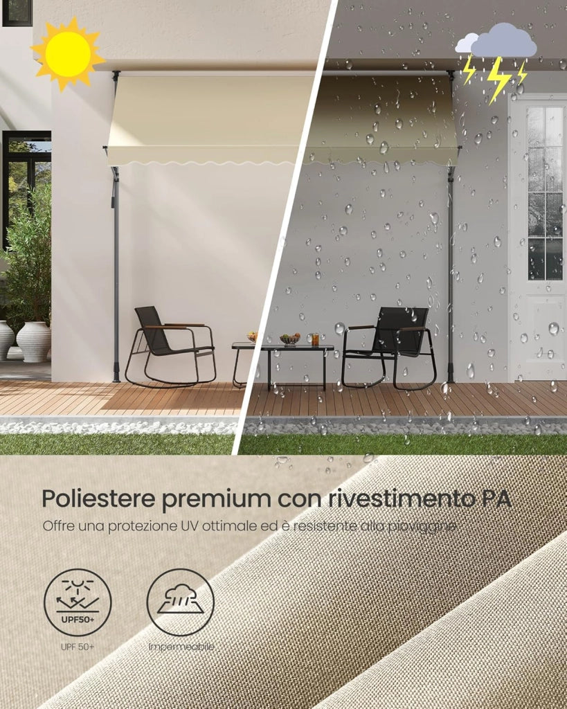 SONGMICS Tenda da Sole Avvolgibile, Tendalino Parasole Retrattile Manuale, Regolabile in Altezza con Manovella per Balcone Giardino Patio, 300 x 120 cm, Beige GSA302M01