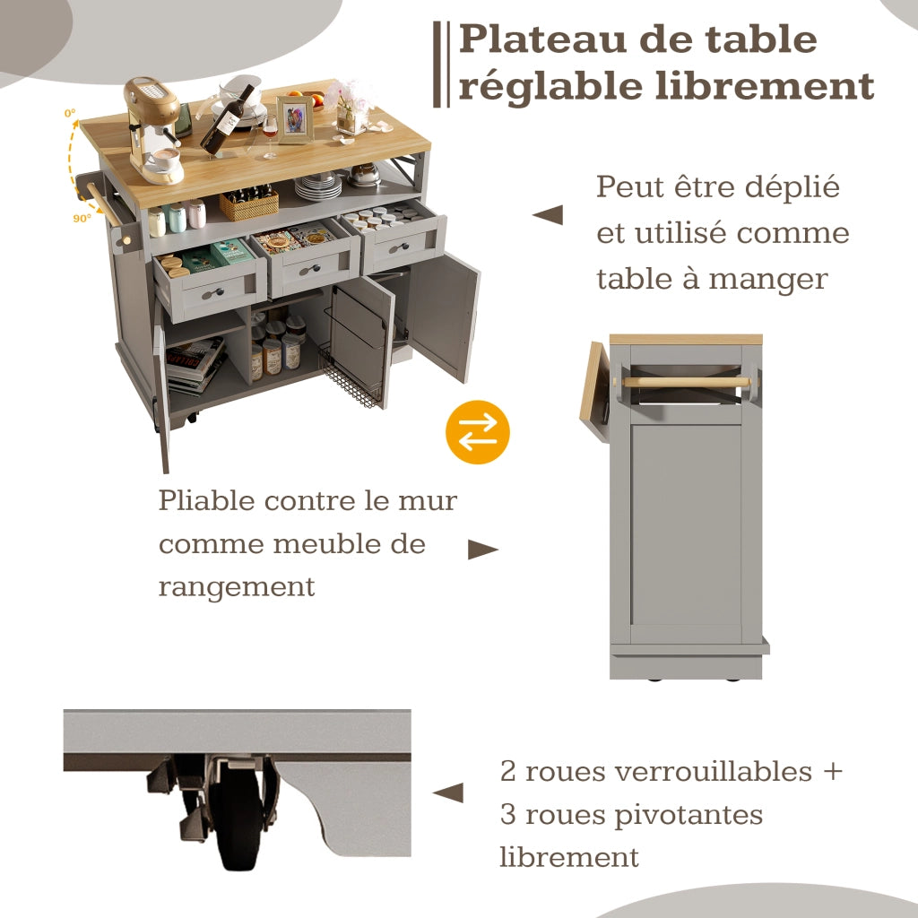 OKWISH Carrello da cucina con 3 cassetti e vano contenitore, piano ribaltabile, portaasciugamani e ruote, 118×43×98 cm
