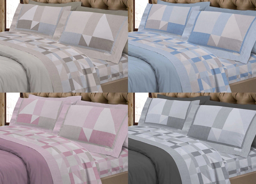 Completo Lenzuola Flanella Linea SuperEuropa 100% Cotone Disegno Atene 7879 - Matrimoniale - Azzurro