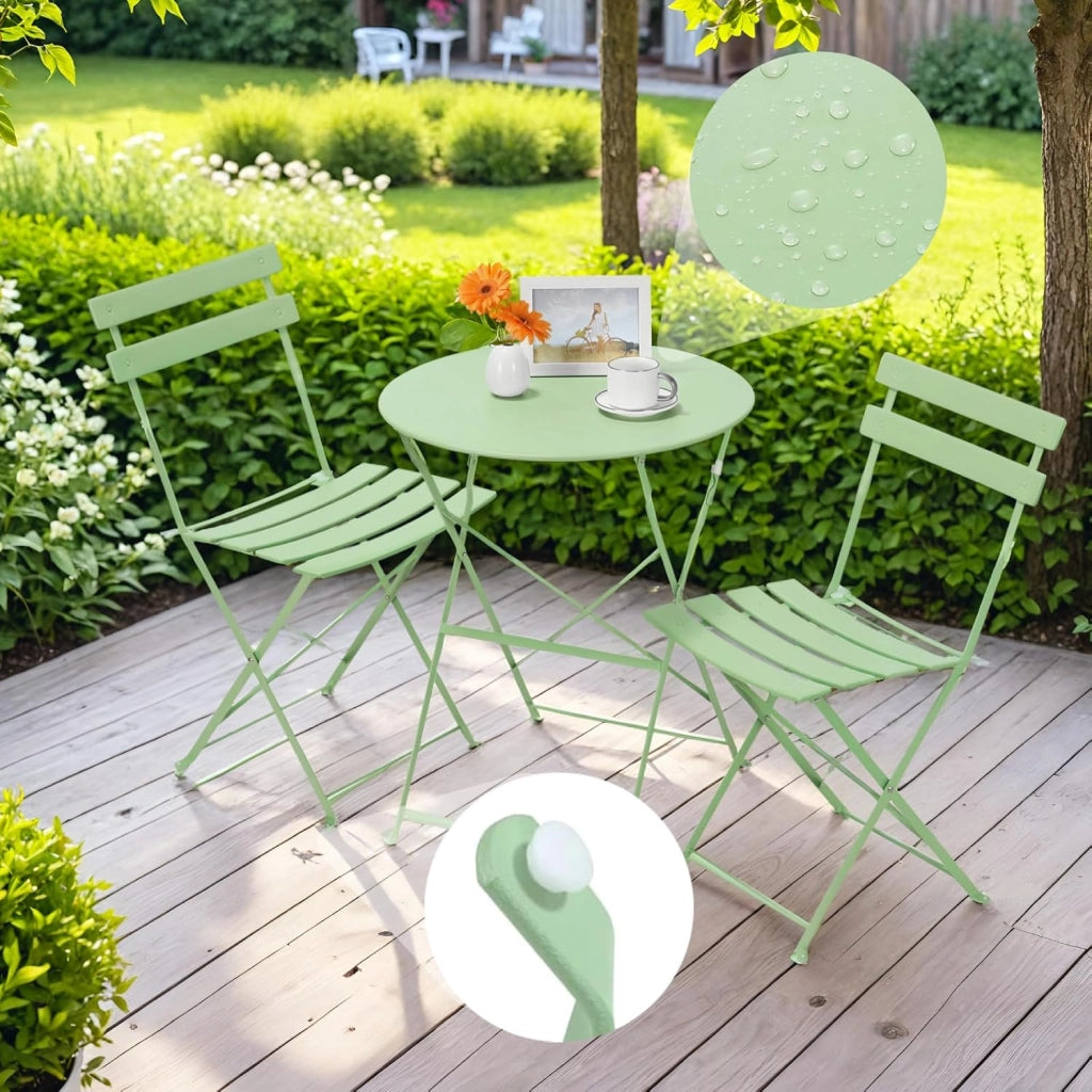 Set da Bistrot Pieghevole 3 Pezzi, Tavolo da Giardino Bistrot in Metallo, 1 Tavolo e 2 Sedie per Piccoli Balconi, Resistente alle Intemperie, per Balcone, Giardino e Terrazzo, Verde