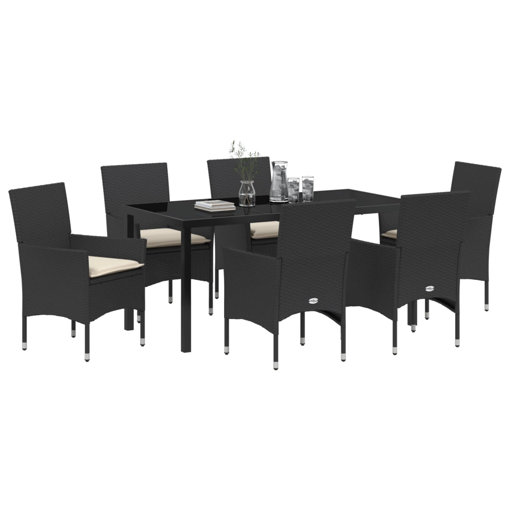 Set da Pranzo da Giardino  da 7 Pezzi con Cuscini in Polyrattan Nero