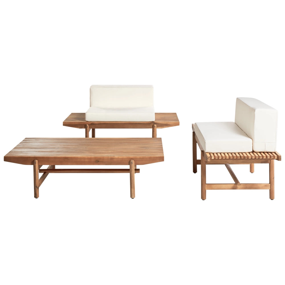 Set di divani da giardino Cuscini bianco sporco Legno di acacia Rustico per esterni 2 posti con tavolino
