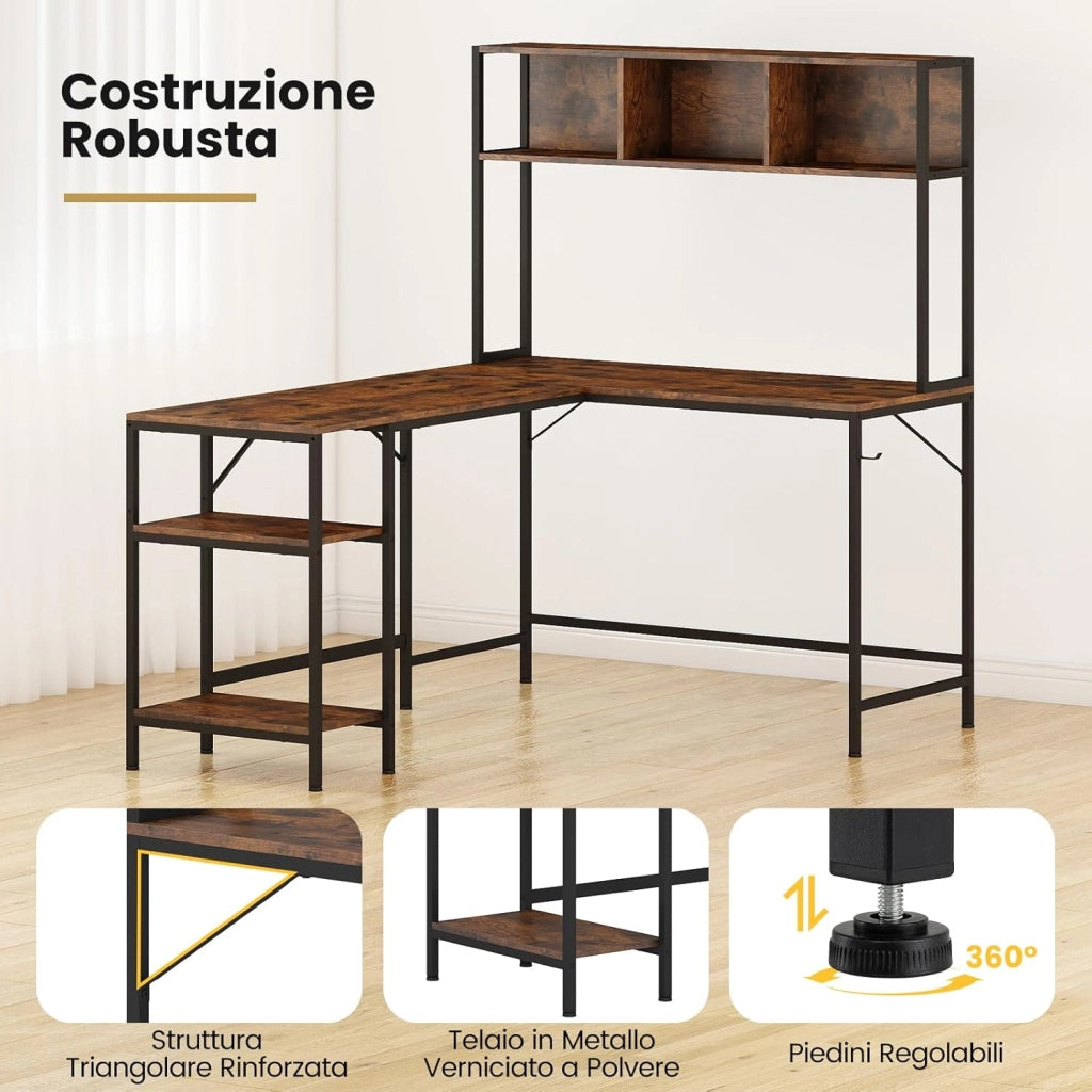 Scrivania a Forma di L con Libreria, Ripiani e Gancio per Cuffie, Scrivania Angolare in Legno con Robusto Telaio in Metallo, Scrittoio per Computer per Soggiorno, Studio e Ufficio (Marrone)