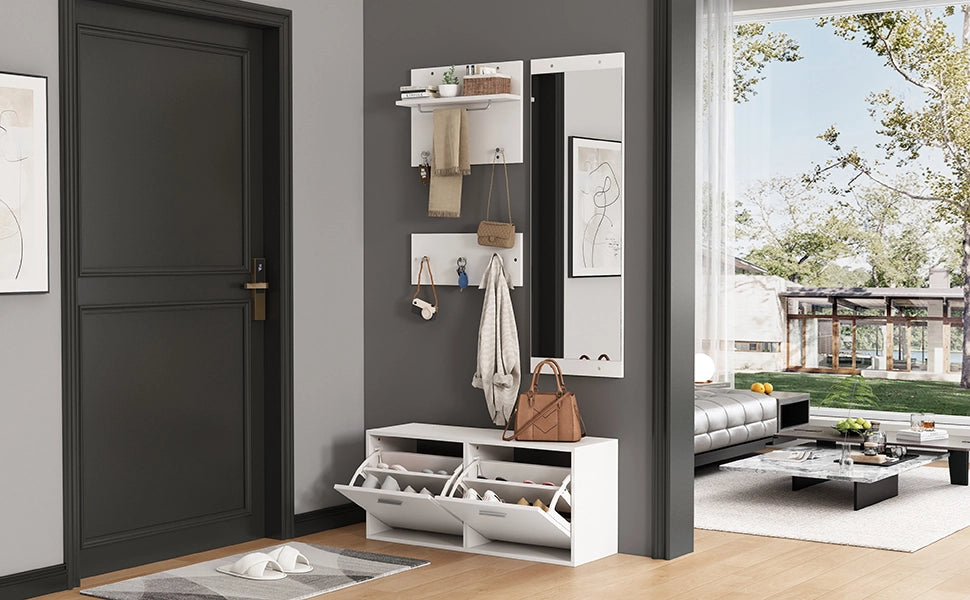 Set da ingresso 4 pezzi con 2 appendiabiti a parete; scarpiera e specchio; truciolato; bianco; 90x30x41;5 cm